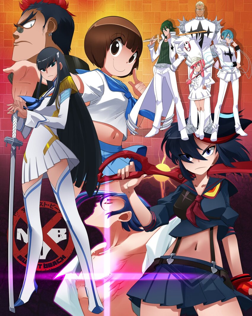 black_eyes black_hair bleedman blonde_hair blue_eyes blue_hair bob_cut boots brown_eyes brown_hair closed_eyes dress earrings frown full_body gamagoori_ira green_hair hat highres inumuta_houka jacket jakuzure_nonon jewelry junketsu kill_la_kill kinagase_tsumugu kiryuuin_satsuki knee_boots long_hair long_sleeves looking_at_viewer mankanshoku_mako matoi_ryuuko midriff mikisugi_aikurou navel orange_background pants pink_hair red_background sanageyama_uzu school_uniform senketsu serafuku short_hair short_sleeves smile straight_hair sword thigh_boots thighhighs very_long_hair weapon white_dress white_jacket white_pants