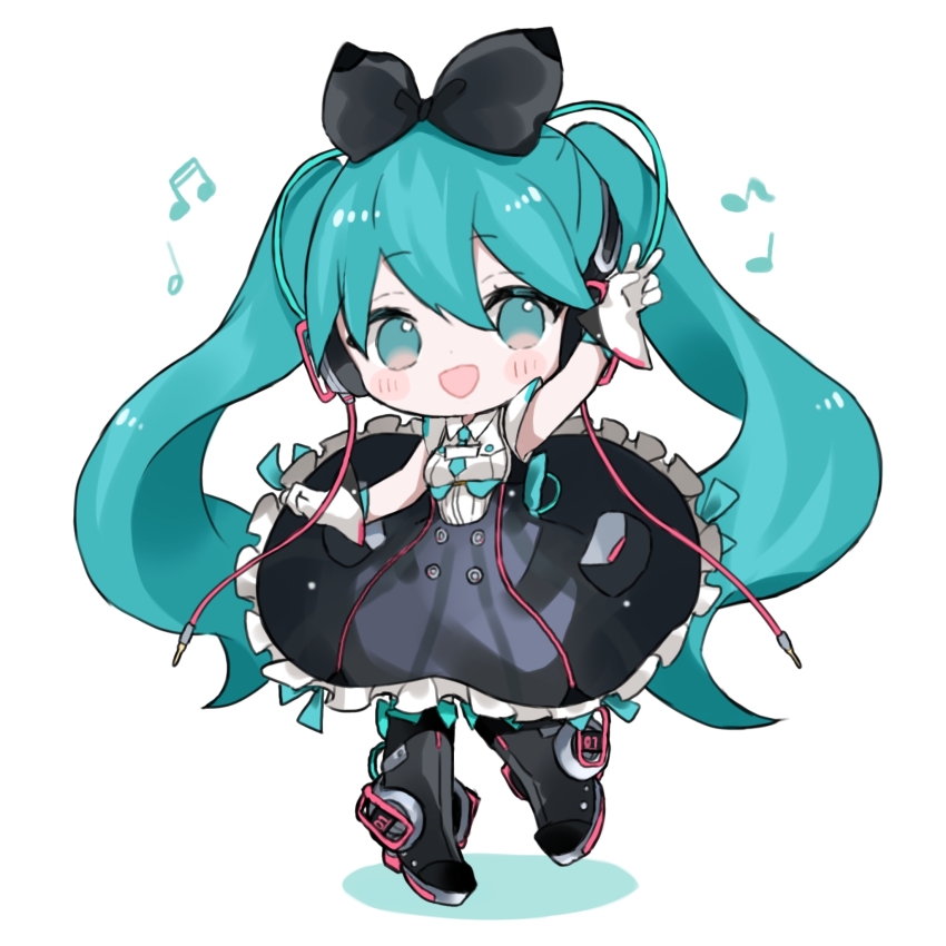 1girl :d aqua_eyes aqua_hair aqua_necktie audio_jack beamed_sixteenth_notes blush bow chibi dress eighth_note frilled_dress frills gloves hair_bow half_note hatsune_miku headphones highres long_hair magical_mirai_(vocaloid) magical_mirai_miku magical_mirai_miku_(2016) maro_maro_3939 multicolored_gloves musical_note necktie open_mouth pocket quarter_note smile solo twintails v very_long_hair vocaloid white_background white_gloves
