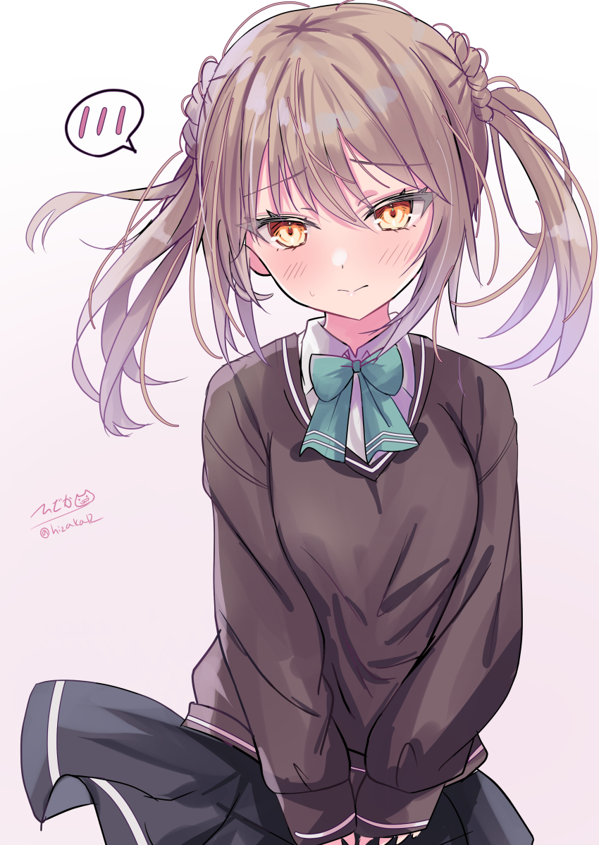 1girl absurdres blush bow bowtie brown_eyes brown_hair cardigan double_bun dress embarrassed green_bow green_bowtie hair_bun hair_ornament highres hizaka kantai_collection long_sleeves michishio_(kancolle) michishio_kai_ni_(kancolle) pinafore_dress school_uniform shirt short_hair short_twintails signature skirt sleeveless sleeveless_dress twintails twitter_username