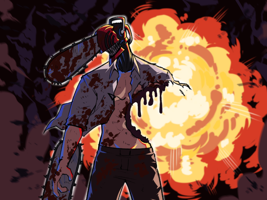 1boy alternate_form amputee black_pants blood blood_on_clothes chainsaw chainsaw_man collared_shirt deep_wound denji_(chainsaw_man) explosion explosion_background grey_shirt highres injury male_focus pants pull_cord sharp_teeth shirt solo teeth tina_fate