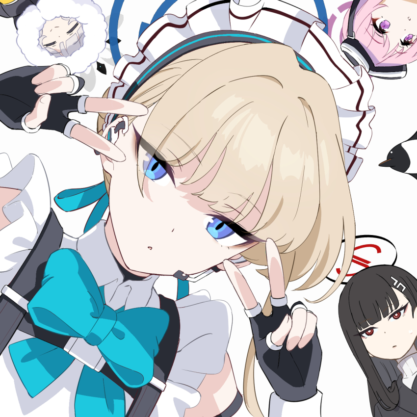 apron bird black_hair blonde_hair blue_archive blue_bow blue_bowtie blue_eyes blue_halo bowtie dot_nose double_v earpiece eimi_(blue_archive) exabeaver eyeliner fingerless_gloves frilled_hairband frilled_shirt frills gloves hairband halo harness highres himari_(blue_archive) long_hair looking_at_viewer maid maid_apron maid_headdress makeup penguin pink_eyes pink_hair pink_halo red_eyes red_halo rio_(blue_archive) saikyo_salmon shirt simple_background toki_(blue_archive) v white_background white_hair winter_uniform