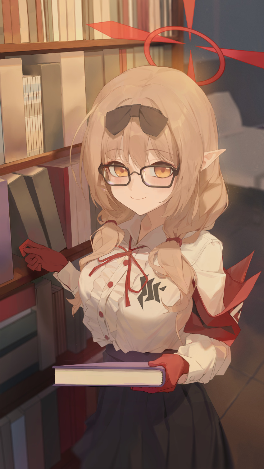 1girl absurdres black_bow black_skirt blue_archive book bow brown_hair chinatsu_(blue_archive) closed_mouth frilled_shirt frills glasses gloves hair_between_eyes hair_bow hair_ribbon highres holding holding_book ka_mi_qian long_hair pointy_ears red_gloves red_ribbon ribbon shirt sidelocks skirt smile white_shirt