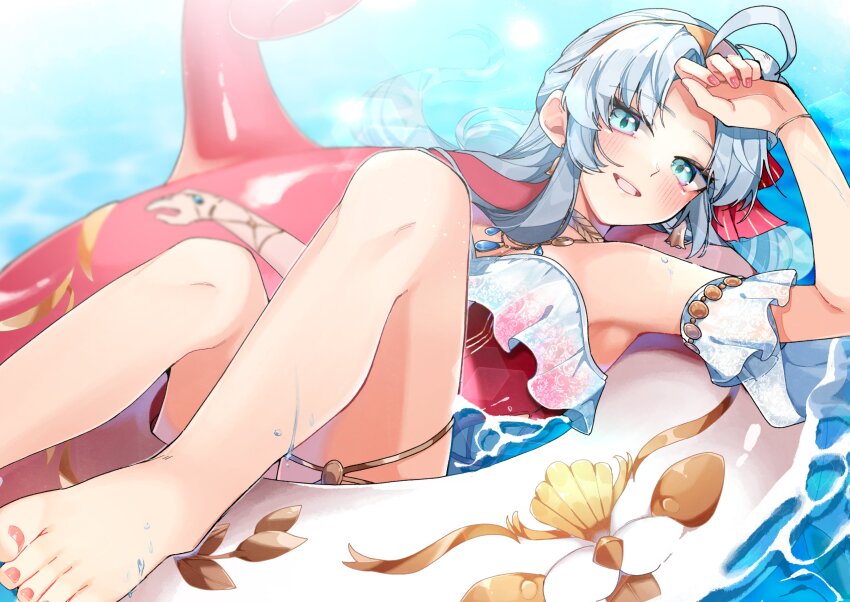 1girl absurdres ahoge aqua_eyes arm_up bare_legs bare_shoulders barefoot blush breasts carlotta_(splashing_summer)_(wuthering_waves) carlotta_(wuthering_waves) commentary_request feet fingernails grey_hair highres innertube legs long_hair looking_at_viewer nail_polish official_alternate_costume parted_bangs parted_lips partially_submerged pink_nails small_breasts smile solo swim_ring toes usako_(usako1031) wuthering_waves