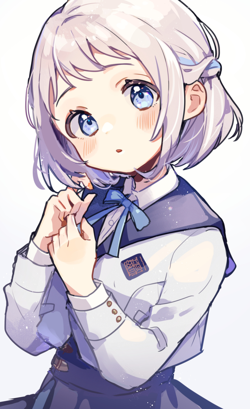 1girl absurdres blue_eyes blue_ribbon blue_skirt blush collared_shirt commentary_request gakuen_idolmaster grey_hair hands_up hatsuboshi_gakuen_school_uniform highres idolmaster katsuragi_lilja long_sleeves looking_at_viewer neck_ribbon open_mouth parted_lips ribbon school_uniform shirano_akihiro shirt short_hair simple_background skirt solo upper_body white_background white_shirt