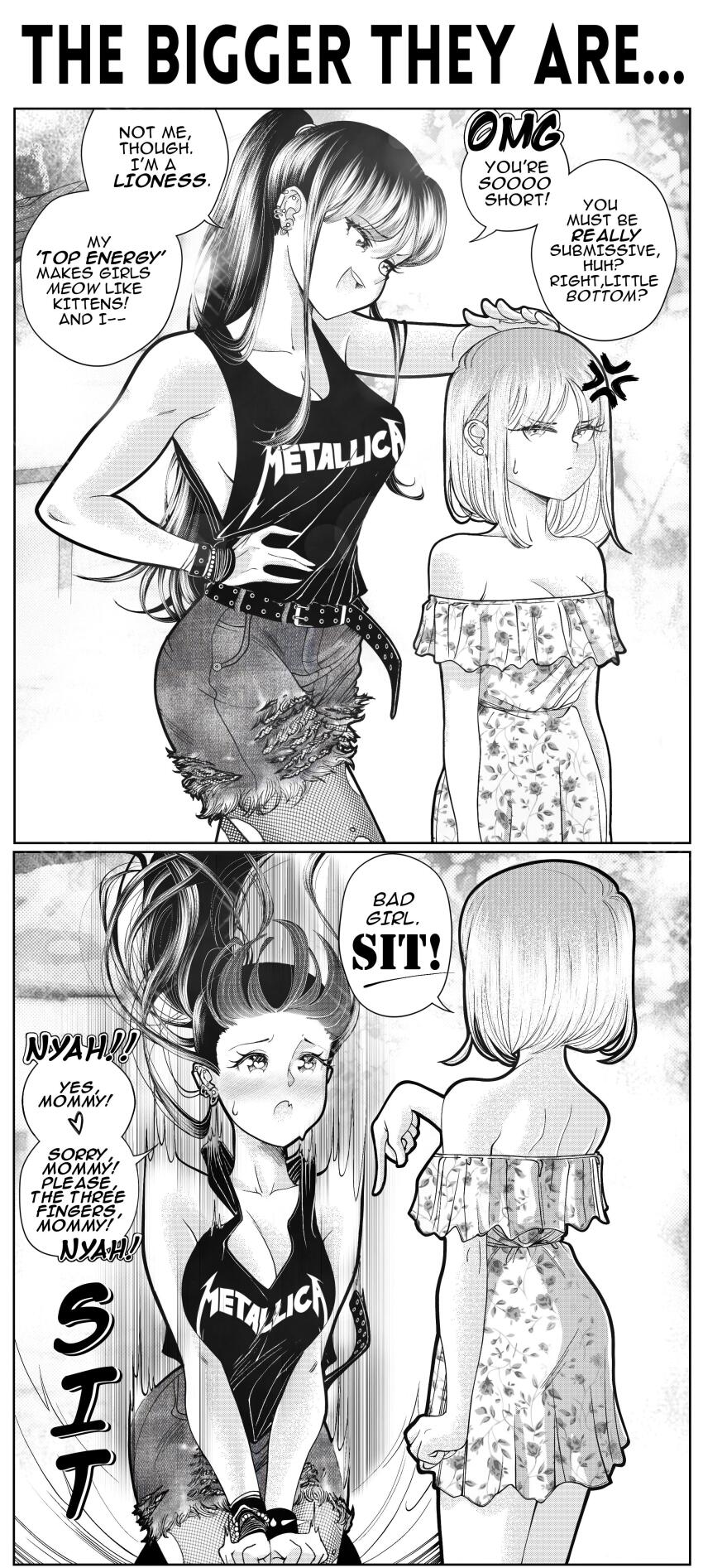 2girls 2koma absurdres anger_vein armpit_peek band_shirt belt belt_buckle blush bracelet breasts buckle cleavage comic commentary denim denim_shorts dress ear_piercing earrings english_commentary english_text greyscale grs- headpat heart heart-shaped_pupils height_difference highres instant_loss jewelry kneeling large_breasts long_hair medium_hair merchandise metallica monochrome multiple_girls no_bra nyan off-shoulder_dress off_shoulder original pantyhose piercing right-to-left_comic role_reversal scolding sharon_(grs-) shorts sideboob spiked_bracelet spikes studded_belt symbol-shaped_pupils talia_(grs-) tall_female tank_top teeth torn_clothes torn_pantyhose torn_shorts upper_teeth_only yuri