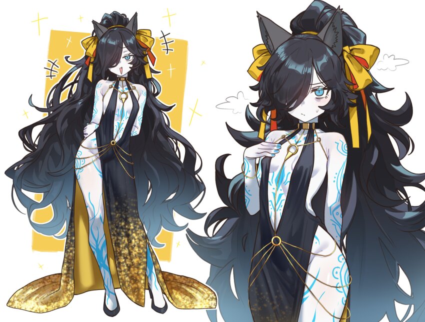 1girl :&gt; :/ absurdres animal_ears arms_behind_back bare_arms bare_shoulders black_dress black_hair black_shoes blue_eyes blue_nails blue_tattoo breasts cat_ears cat_girl closed_mouth colored_skin commentary contrapposto dark_kasli_(nyanko_daisensou) dress ebora english_commentary evening_gown gold gold_dress gradient_clothes gradient_dress hair_over_one_eye halter_dress halterneck high_heels high_ponytail highres long_hair looking_at_viewer multiple_views nail_polish no_panties nyanko_daisensou o-ring open_mouth ponytail shoes small_breasts smile sweatdrop swept_bangs very_long_hair wavy_hair white_skin
