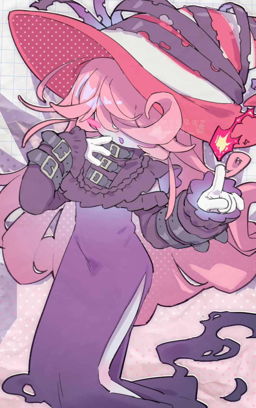 1girl :d absurdres belt blush_stickers colored_skin curly_hair dress feet_out_of_frame female_focus fire frilled_sleeves frills gloves gradient_background grid_background hair_over_eyes hand_on_own_face hat highres humanization index_finger_raised long_hair long_sleeves mario_(series) nintendo open_mouth paper_mario paper_mario:_the_thousand-year_door pink_hair purple_dress red_hat side_slit signature smile solo tendoshi vivian_(paper_mario) white_gloves white_skin witch_hat
