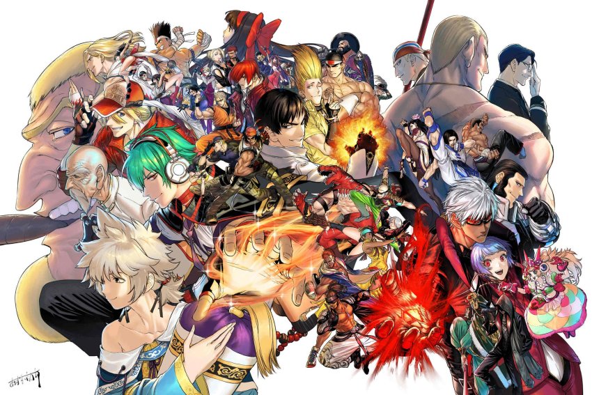 6+boys 6+girls alice_garnet_nakata andy_bogard angel_(kof) antonov_(kof) asamiya_athena azuma_kyoutarou_(artist) bandeiras_hattori billy_kane black_hair blonde_hair boots camouflage camouflage_pants chang_koehan chaps chin_gentsai choi_bounge clark_still cowboy_boots cropped_jacket crown daimon_gorou dinosaur_boy dinosaur_costume everyone eyeball eyepatch fake_horns fatal_fury fingerless_gloves gang-il garou:_mark_of_the_wolves geese_howard gloves green_hair hachimaki hair_over_one_eye headband hein_(kof) highres horns jacket joe_higashi k&#039;_(kof) kim_kaphwan king_(snk) king_of_dinosaurs kukri_(kof) kula_diamond kusanagi_kyou leather leather_jacket leona_heidern logo luong mature_(kof) maxima meitenkun mian_(kof) mini_crown multiple_boys multiple_girls nakoruru nelson_(kof) nikaidou_benimaru official_art pants ralf_jones ramon_(kof) robert_garcia ryou_sakazaki ryuuko_no_ken samurai_spirits shiranui_mai shun&#039;ei sie_kensou signature snk sylvie_paula_paula tank_top terry_bogard the_king_of_fighters the_king_of_fighters:_a_new_beginning the_king_of_fighters_xiv toned tung_fue_rue vice_(kof) white_hair xanadu_(kof) yagami_iori yellow_tank_top yuri_sakazaki zarina