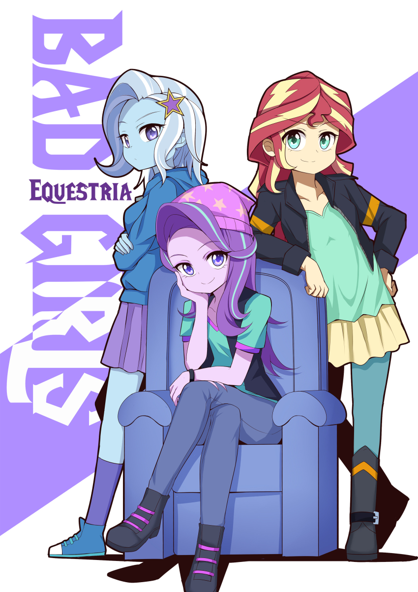 3girls absurdres aqua_eyes blonde_hair blue_hair blue_skin caibao_return colored_skin commentary copyright_name english_commentary highres long_hair medium_hair multicolored_hair multiple_girls my_little_pony my_little_pony:_equestria_girls my_little_pony:_friendship_is_magic orange_skin personification purple_eyes purple_hair purple_skin red_hair sitting standing starlight_glimmer starlight_glimmer_(equestria_girls) streaked_hair sunset_shimmer sunset_shimmer_(human) trixie_lulamoon trixie_lulamoon_(equestria_girls) white_background