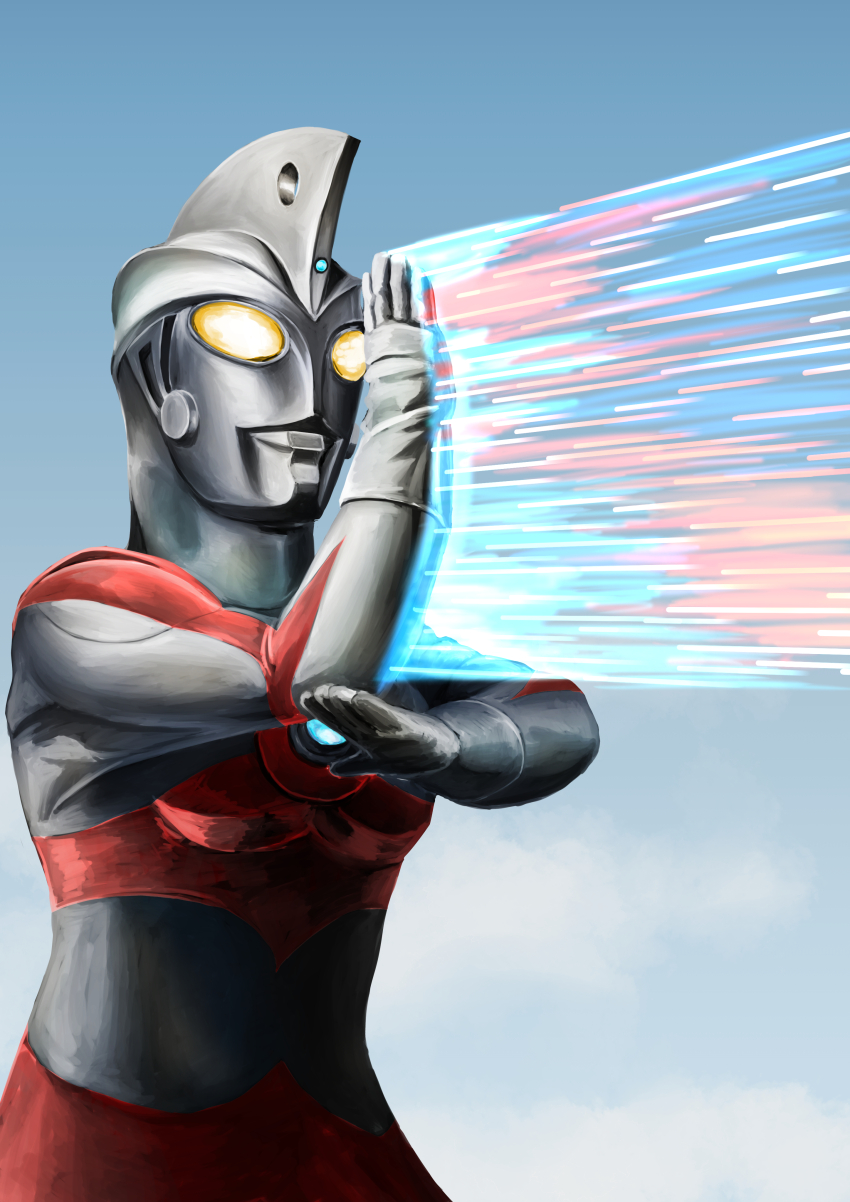 1boy absurdres alien blue_gemstone blue_sky color_timer colored_skin commentary commission compound_eyes day dorsal_fin energy forehead_jewel gattyo gem glowing glowing_eyes hands_up highres looking_ahead male_focus multicolored_skin muscular muscular_male outdoors pectorals pixiv_commission red_skin silver_skin sky solo tokusatsu ultra_beam ultra_series ultraman_ace ultraman_ace_(series) upper_body yellow_eyes