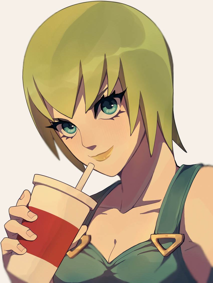 1girl absurdres breasts cleavage cup drinking_straw foo_fighters_(jojo) green_eyes green_hair highres holding holding_cup jojo_no_kimyou_na_bouken looking_at_viewer overalls portrait short_hair siniy smile solo stone_ocean