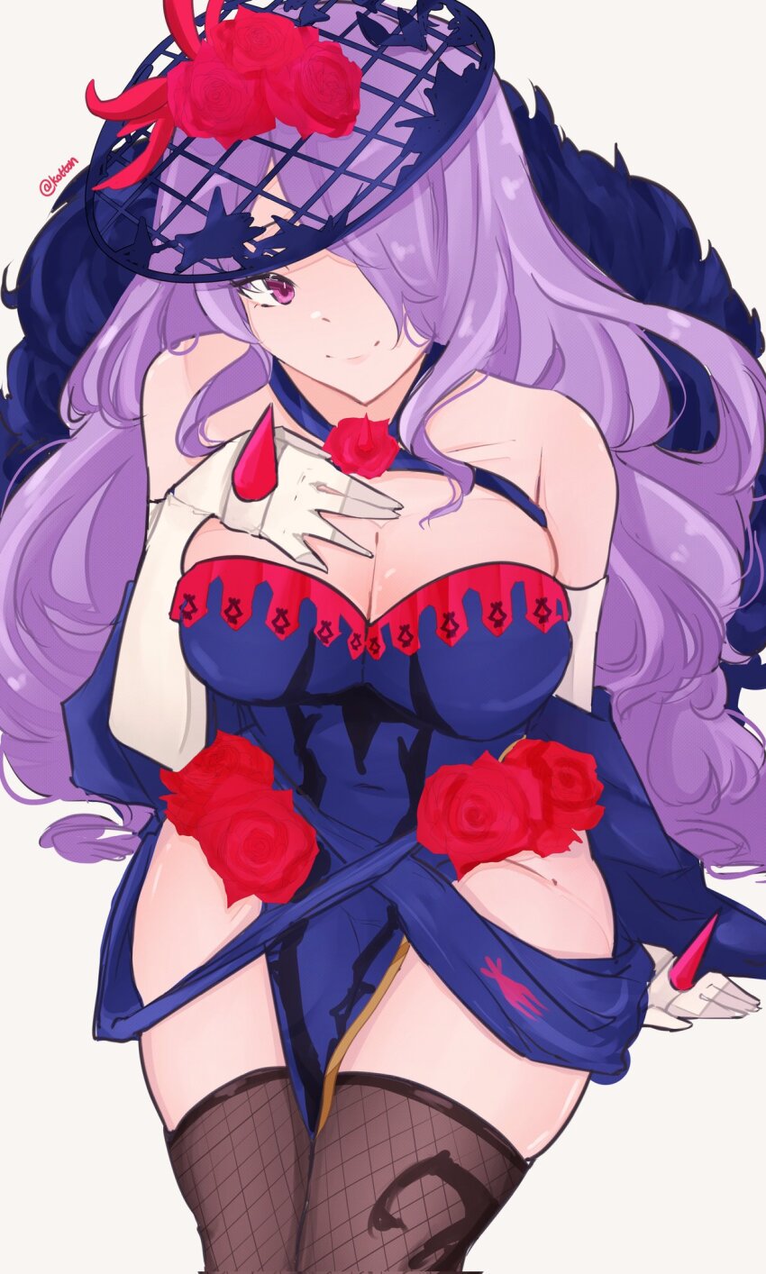 1girl alternate_costume artist_name bare_shoulders breasts camilla_(fire_emblem) cleavage closed_mouth cosplay fascinator female_focus fire_emblem fire_emblem_engage fire_emblem_fates fishnet_thighhighs fishnets fur_trim gloves grey_background hair_over_one_eye hand_on_own_chest headdress highres ivy_(fire_emblem) ivy_(fire_emblem)_(cosplay) large_breasts long_hair nintendo purple_eyes purple_hair serafineart1001 sitting solo thighhighs thighs trait_connection