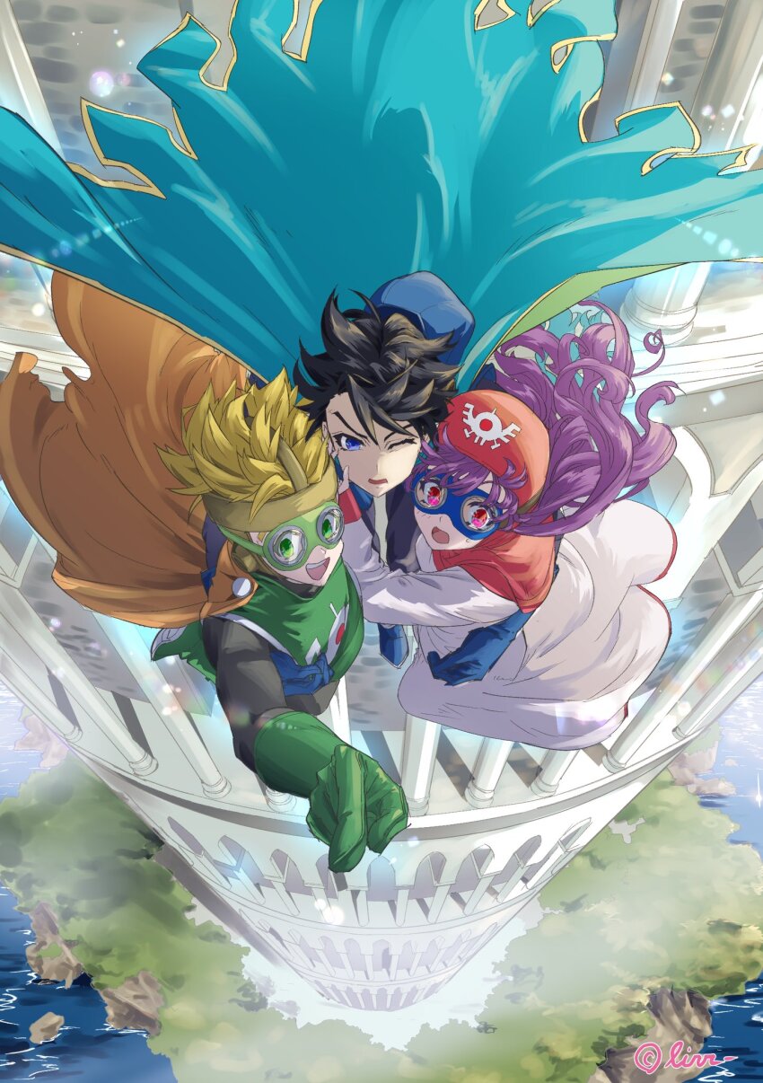 1girl 2boys aqua_cape arms_around_neck black_bodysuit black_hair blonde_hair blue_eyes blue_gloves bodysuit cape carrying carrying_person commentary_request cousins dragon_quest dragon_quest_ii floating_clothes floating_hair from_above gloves goggles green_eyes green_gloves green_tabard highres long_hair looking_ahead multiple_boys one_eye_closed open_mouth orange_cape pink_eyes pink_hood pink_trim pointing prince_of_lorasia prince_of_samantoria princess_of_moonbrook purple_hair robe roto&#039;s_emblem shey93735903 short_hair sweatdrop tabard teeth tower water white_robe