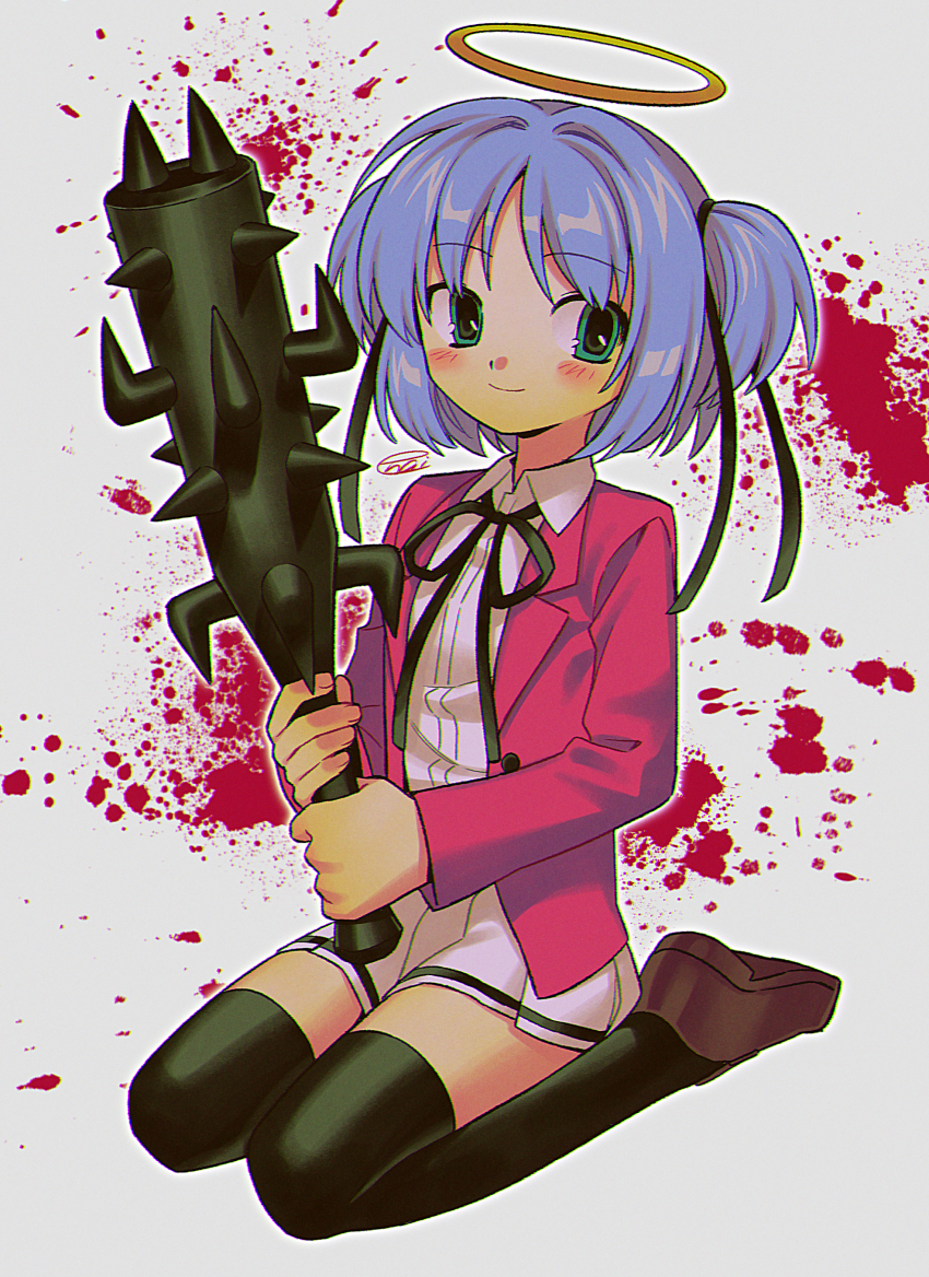 1girl absurdres angel black_thighhighs blazer blood blood_splatter blush bokusatsu_tenshi_dokuro-chan club_(weapon) excalibolg hair_ribbon halo highres holding holding_weapon jacket light_blush loafers long_sleeves menma_(enaic31) miniskirt mitsukai_dokuro neck_ribbon open_clothes open_jacket pleated_skirt ribbon school_uniform shoes short_hair skirt smile thighhighs weapon zettai_ryouiki