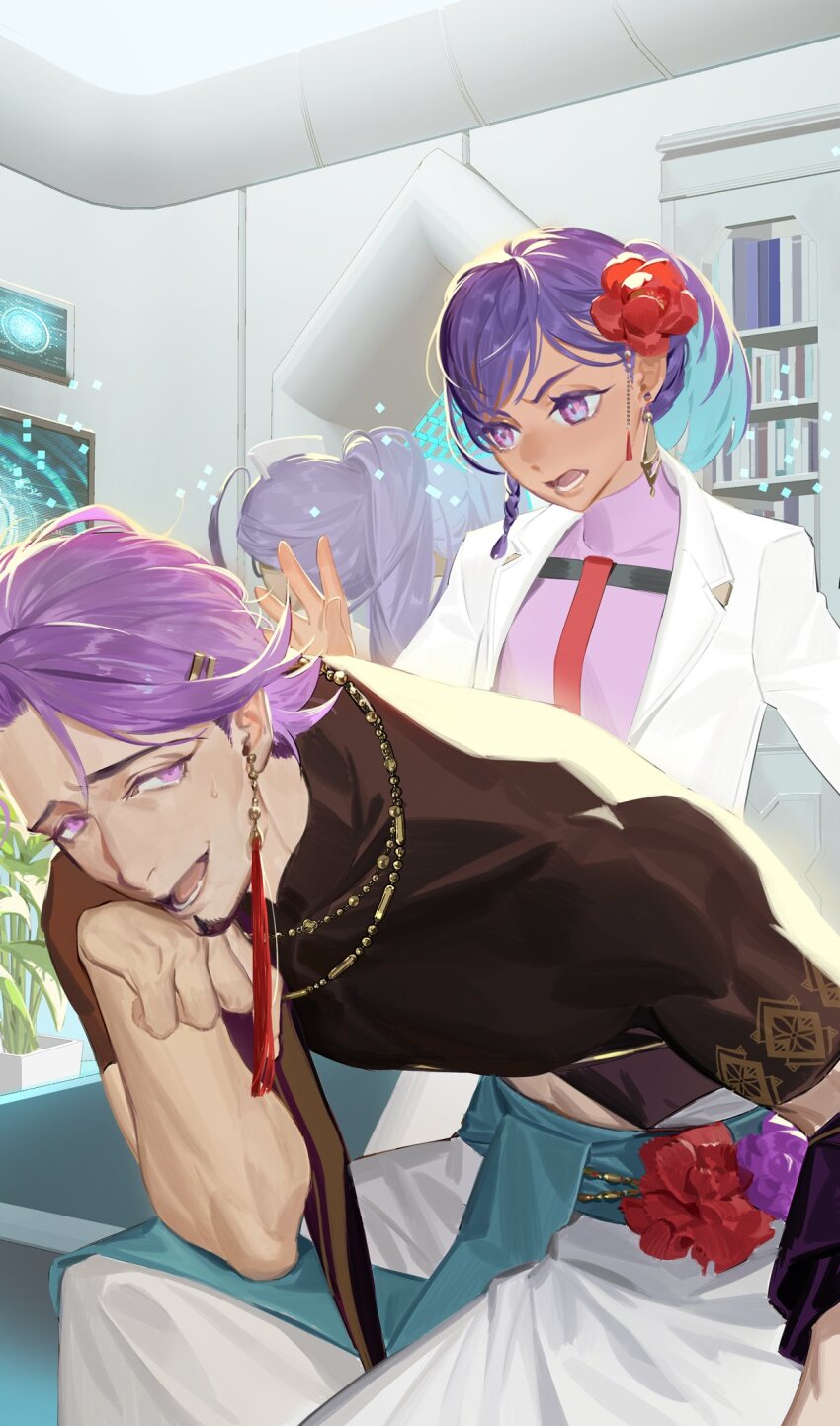 ayus_(fate) black_shirt duryodhana_(fate) earrings facial_hair fate/grand_order fate_(series) flower goatee goatee_stubble hair_flower hair_ornament highres jewelry lab_coat nakii necklace plant ponytail potted_plant purple_eyes purple_hair purple_shirt rani_viii sash shirt sitting stubble