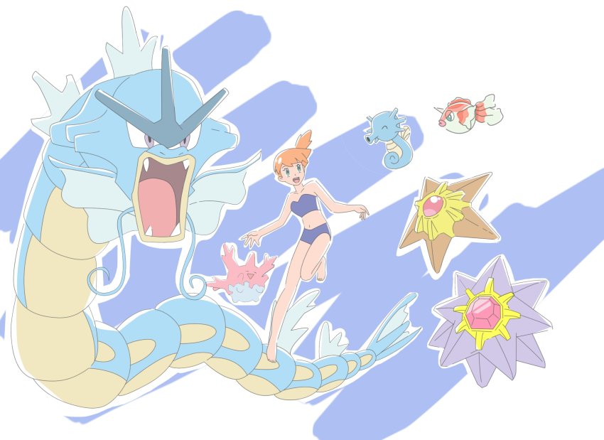 1girl artist_request asymmetrical_hair bare_arms bare_shoulders blush breasts corsola cowboy_shot gen_1_pokemon gen_2_pokemon goldeen gyarados gym_leader highres horsea misty_(pokemon) navel nintendo orange_hair pokemon pokemon_(anime) pokemon_(creature) pokemon_sm042 pokemon_sm_(anime) ponytail short_hair shorts side_ponytail solo starmie staryu swimsuit water