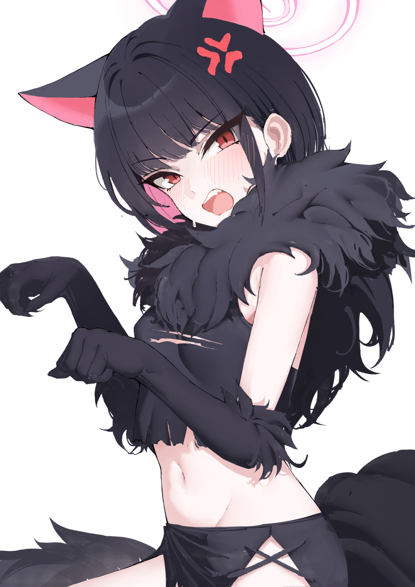 1girl absurdres anger_vein angry animal_ears black_hair blue_archive blunt_bangs blush cat_ears cat_girl colored_inner_hair djan elbow_gloves fake_tail fang fur_collar fur_trim gloves hair_between_eyes highres kazusa_(blue_archive) kazusa_(halloween)_(blue_archive) looking_at_viewer medium_hair multicolored_hair navel open_mouth paw_pose red_eyes tail tank_top