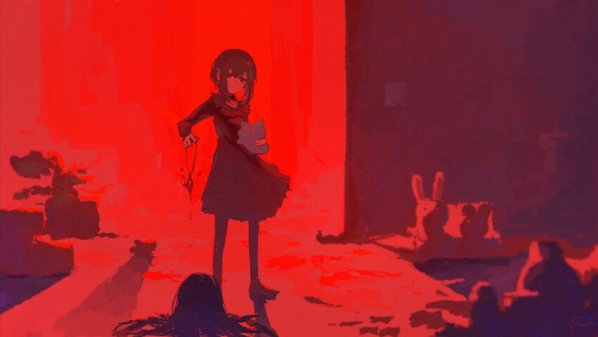 1girl absurdres ayn_(rnna) black_dress commentary creature dress english_commentary full_body green_hair highres holding holding_creature holding_jewelry holding_necklace jewelry necklace original red_eyes rnna severed_head short_hair sidelocks slime_(creature) stuffed_toy