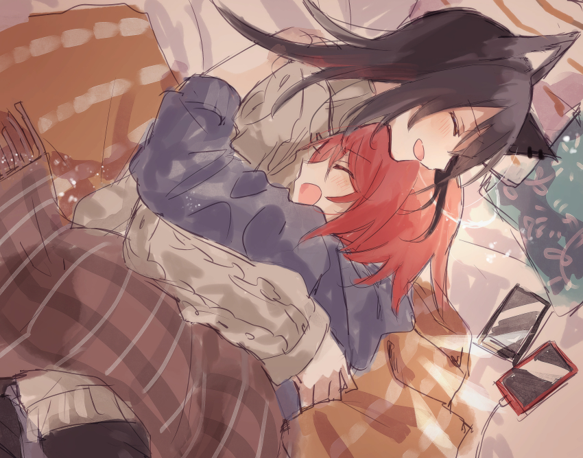 2girls absurdres animal_ears aran_sweater arknights bad_id bad_pixiv_id black_hair blanket blush cable_knit cellphone charging_device closed_eyes commentary cushion ear_piercing exusiai_(arknights) from_above grey_sweater highres hug huge_filesize light_blush long_hair long_sleeves matsuzaka_(matsuzakagyu_29) multiple_girls open_mouth phone piercing red_hair short_hair smartphone smile sweater texas_(arknights) wolf_ears yuri