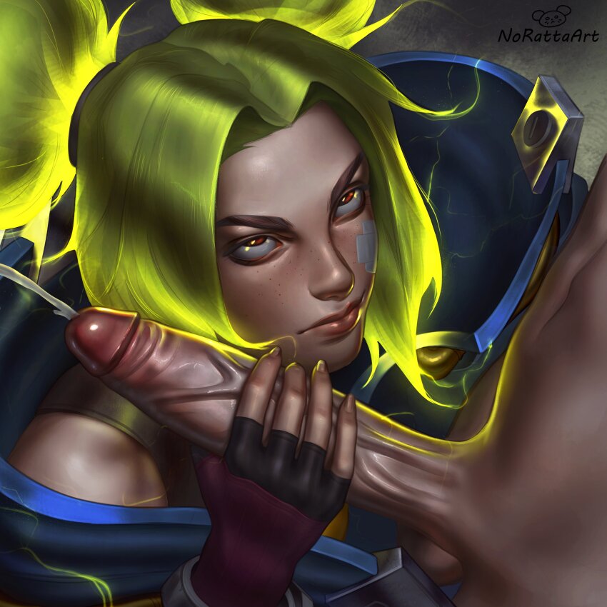 1boy 1girl absurdres annoyed artist_name bandaid bandaid_on_face black_gloves blue_jacket brown_eyes brown_gloves clothed_female_nude_male cum ejaculation electricity electrokinesis fingerless_gloves glaring gloves green_hair handjob hetero highres jacket large_penis league_of_legends looking_up medium_hair norattaart nude parted_bangs penis sidelocks solo_focus tank_top twintails v-shaped_eyebrows yellow_tank_top zeri_(league_of_legends)