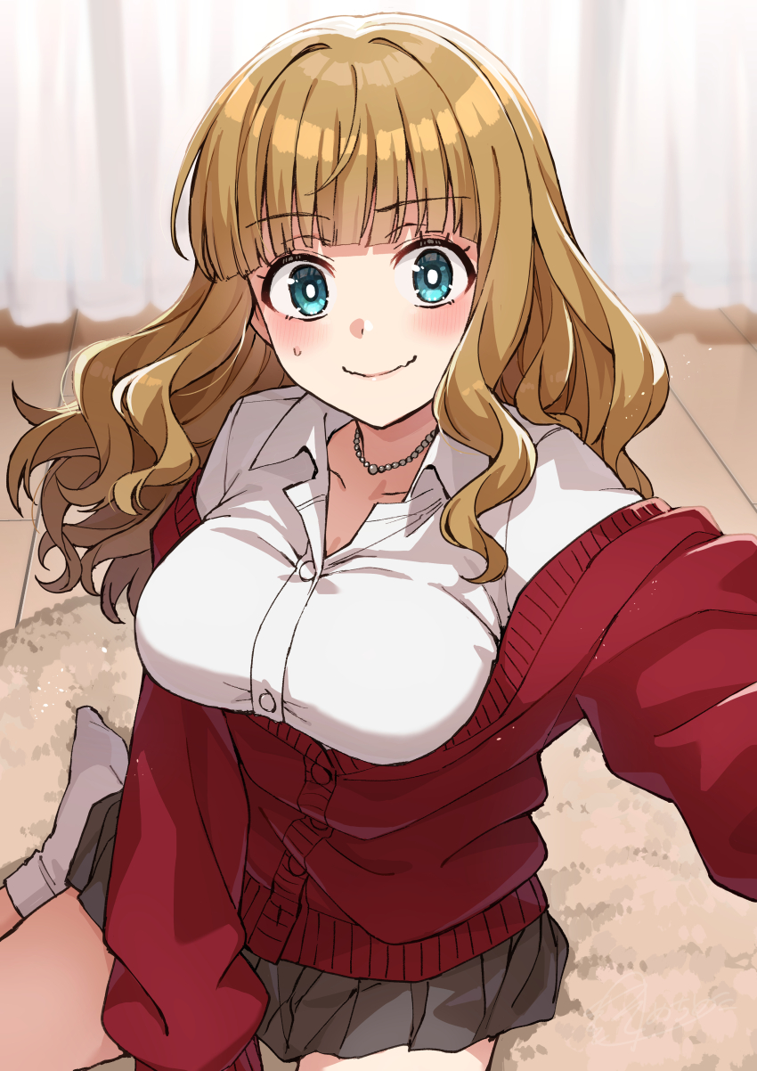 1girl absurdres blue_eyes breasts brown_hair cardigan closed_mouth collared_shirt copyright_request curtains dress_shirt grey_skirt highres indoors large_breasts long_hair long_sleeves looking_at_viewer nervous_smile no_shoes pleated_skirt puffy_long_sleeves puffy_sleeves reaching reaching_towards_viewer red_cardigan rug school_uniform selfie shirt skirt small_sweatdrop smile socks solo somechime_(sometime1209) sweat white_shirt white_socks wooden_floor