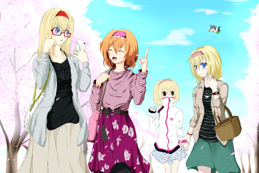 5girls alice_margatroid alternate_costume basket bespectacled black_shirt blonde_hair blue_eyes blue_skirt blush brown_eyes cherry_blossoms closed_eyes closed_mouth commentary_request cookie_(touhou) cowboy_shot elbow_carry floral_print_skirt flying frilled_hairband frilled_necktie frilled_sash frills glasses green_skirt grey_jacket grey_skirt hair_between_eyes hairband highres hinase_(cookie) holding holding_basket index_finger_raised jacket long_sleeves looking_at_another looking_to_the_side medium_hair multiple_girls multiple_persona nadeko_(cookie) necktie open_clothes open_jacket open_mouth orange_hair pink_hairband pink_necktie pink_sash purple_shirt red-framed_eyewear red_hairband reiuji_utsuho sakuna_brownie sash semi-rimless_eyewear shirt short_hair skirt smile striped_clothes striped_shirt touhou tree under-rim_eyewear watch white_jacket wristwatch