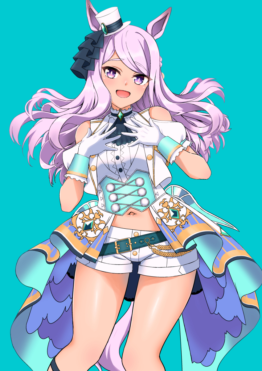 1girl animal_ears blush braid clothing_cutout cowboy_shot cropped_jacket gloves hakase_yurisuki hands_on_own_chest hat highres horse_ears horse_girl jacket long_hair looking_at_viewer mejiro_mcqueen_(end_of_sky)_(umamusume) mejiro_mcqueen_(umamusume) midriff mini_hat mini_top_hat navel official_alternate_costume open_mouth purple_eyes purple_hair red_eyes shirt short_shorts short_sleeves shorts shoulder_cutout smile solo standing stomach swept_bangs thighs top_hat umamusume white_gloves white_hat white_jacket white_shirt white_shorts