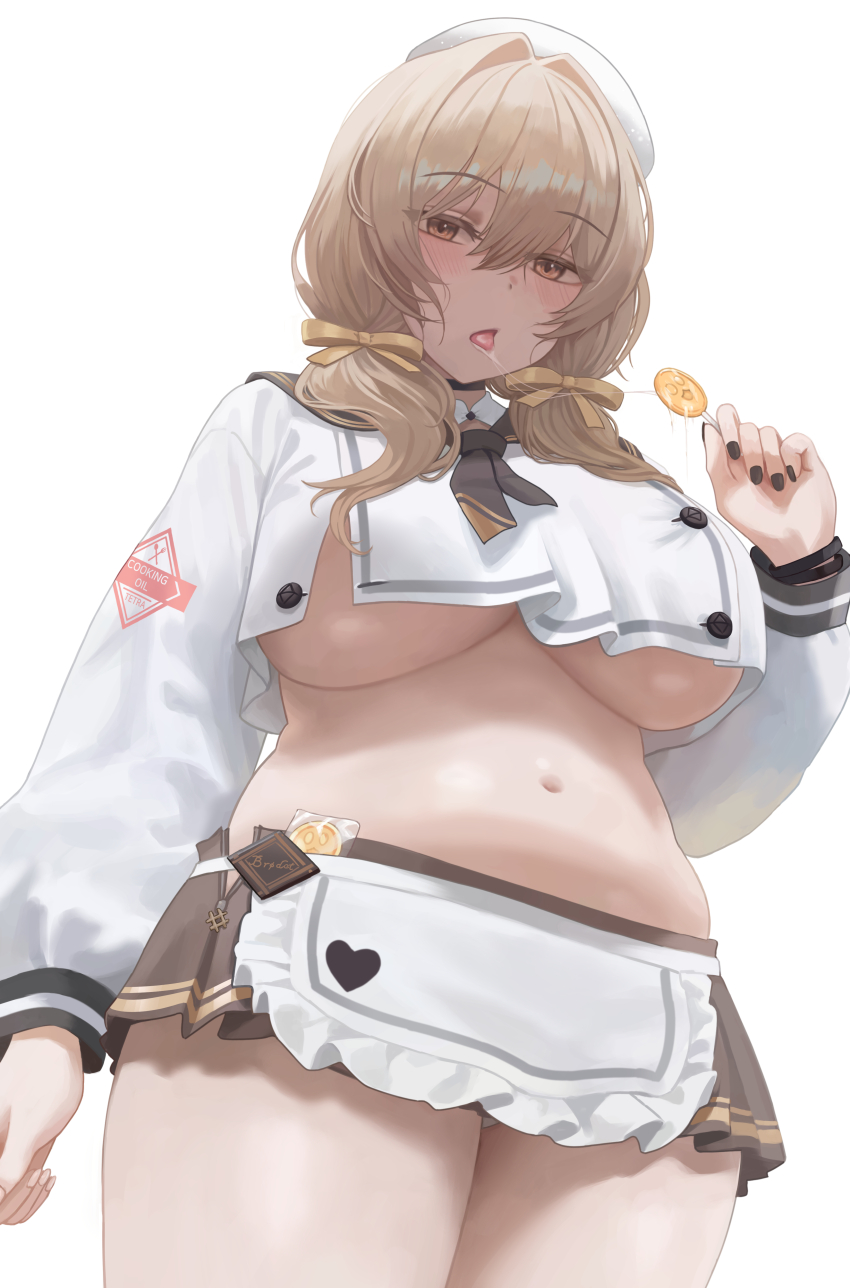 1girl absurdres apron arm_at_side beret black_nails blush bready_(nikke) breasts brown_eyes brown_hair brown_necktie brown_sailor_collar brown_skirt candy candy_wrapper commentary crop_top cropped_shirt double-parted_bangs english_commentary fingernails food from_below goddess_of_victory:_nikke hair_between_eyes hair_intakes hair_over_one_eye hand_up hat heart highres holding holding_candy holding_food junmin large_breasts long_hair long_sleeves looking_at_viewer looking_down low_twintails microskirt nail_polish navel necktie no_bra open_fly open_mouth panties panty_peek pleated_skirt plump revealing_clothes sailor_collar saliva saliva_trail school_uniform serafuku shirt simple_background skirt solo standing stomach tongue tongue_out twintails unbuttoned underboob underwear unzipped upshirt upskirt waist_apron white_apron white_background white_hat white_panties white_shirt wristband