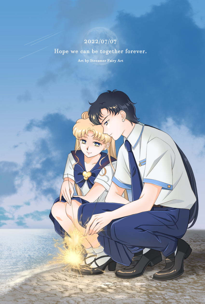 1boy 1girl 2022 beach bishoujo_senshi_sailor_moon bishoujo_senshi_sailor_moon_stars black_footwear black_hair blonde_hair blue_bow blue_bowtie blue_necktie blue_pants blue_sailor_collar blue_skirt blue_sky bow bowtie breast_pocket brooch closed_mouth cloud collared_shirt couple dated day english_text fireworks heart heart_brooch hetero highres holding holding_fireworks jewelry koya long_hair low_ponytail medium_skirt necktie ocean outdoors pants pleated_skirt pocket ponytail profile sailor_collar seiya_kou shirt short_sleeves skirt sky smile socks squatting tsukino_usagi white_shirt white_socks wing_collar