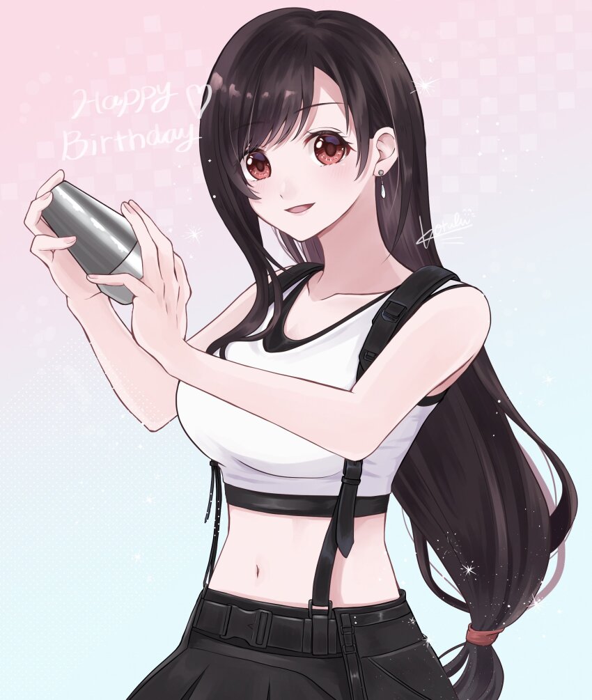 1girl absurdres bare_arms bare_shoulders bartender birthday black_hair black_skirt black_sports_bra blush breasts brown_hair cocktail_shaker collarbone commentary crop_top earrings final_fantasy final_fantasy_vii final_fantasy_vii_remake gradient_background hair_behind_ear happy_birthday highres jewelry kt9_ct large_breasts long_hair looking_at_viewer low-tied_long_hair midriff navel open_mouth red_eyes signature single_earring skirt solo sparkle sports_bra suspender_skirt suspenders swept_bangs tank_top teardrop_earrings tifa_lockhart upper_body very_long_hair white_tank_top