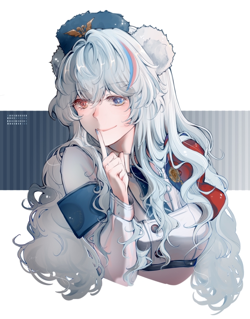 1girl animal_ears arknights armband bear_ears black_hat blue_eyes blue_hair breasts buttons closed_mouth finger_to_mouth hand_up hat heterochromia highres jacket long_hair long_sleeves looking_to_the_side medium_breasts necktie rosa_(arknights) smile solo stepcacc upper_body wavy_hair white_jacket yellow_eyes