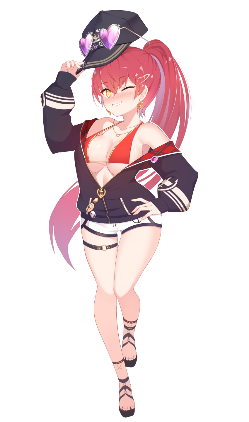 1girl ;) absurdres bad_id bad_pixiv_id bare_legs bikini bikini_under_clothes black_jacket blush breasts commentary_request earrings eyewear_on_headwear full_body hair_between_eyes halterneck hand_on_own_hip hat heart heart-shaped_eyewear heart-shaped_pupils heart_earrings heart_necklace highres holding holding_unworn_clothes holding_unworn_hat hololive houshou_marine houshou_marine_(summer) jacket jewelry large_breasts long_hair long_sleeves looking_at_viewer necklace o-ring o-ring_thigh_strap one_eye_closed open_clothes open_jacket partially_unzipped ponytail puffy_long_sleeves puffy_sleeves red_hair sandals short_shorts shorts simple_background smile solo standing sunglasses swimsuit symbol-shaped_pupils thigh_strap thighhighs unworn_hat unworn_headwear very_long_hair virtual_youtuber white_background white_shorts yellow_eyes yuruto