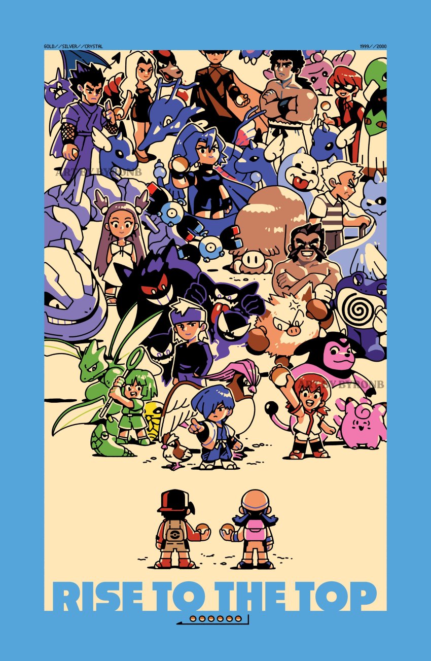 5girls 6+boys absurdres backpack bag bruno_(pokemon) bugsy_(pokemon) butterfly_net byronb cane chuck_(pokemon) clair_(pokemon) claws clefairy crobat crossed_arms dewgong dragonair ethan_(pokemon) falkner_(pokemon) fangs gastly gen_1_pokemon gen_2_pokemon gengar hand_net hat haunter head_out_of_frame highres hitmontop houndoom jasmine_(pokemon) kakuna karen_(pokemon) kingdra koga_(pokemon) kris_(pokemon) lance_(pokemon) magnemite mankey mask metapod miltank morty_(pokemon) multiple_boys multiple_girls nintendo pidgeotto pidgey piloswine poke_ball poke_ball_(basic) pokemon pokemon_(creature) pokemon_gsc pokemon_hgss poliwrath pryce_(pokemon) scyther seel serious smile standing steelix twintails whitney_(pokemon) will_(pokemon) wings xatu