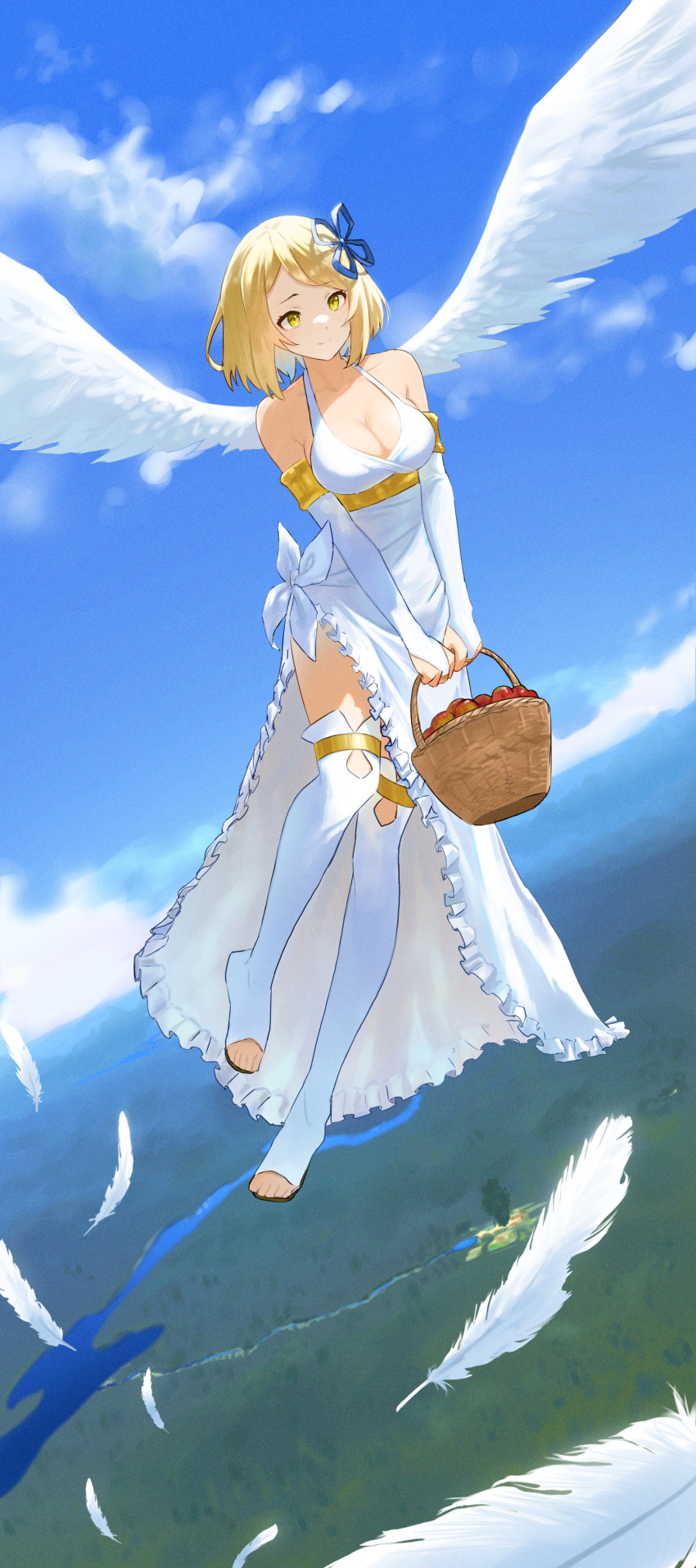 1girl absurdres angel angel_wings basket blonde_hair blue_ribbon breasts detached_sleeves dress e_ga_ku falling_feathers feathers flying forest fruit_basket full_body hair_ribbon highres holding holding_basket isekai_nonbiri_nouka large_breasts nature ribbon river side_slit sleeveless sleeveless_dress solo thigh_strap thighhighs tia_(isekai_nonbiri_nouka) white_dress white_thighhighs wings yellow_eyes