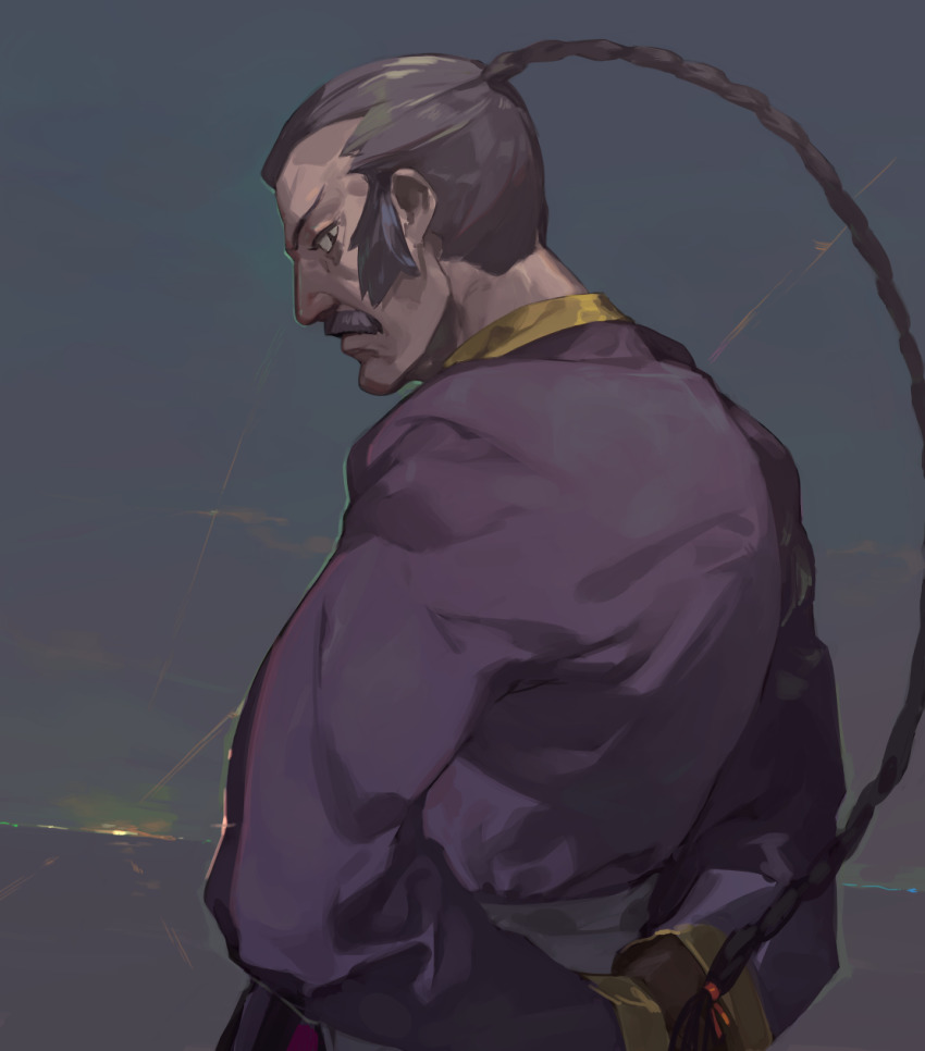 1boy arms_behind_back braid commentary_request dougi facial_hair g_gundam grey_hair gundam highres jacket long_hair male_focus master_asia mustache old old_man aged_up pants profile sash shirt smile so-taro standing upper_body