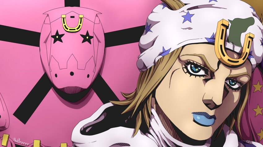 1boy 1other araki_hirohiko_(style) blue_eyes blue_lips brown_hair colored_skin highres hood hood_down horse_print horseshoe_hat_ornament horseshoe_ornament johnny_joestar jojo_no_kimyou_na_bouken looking_at_viewer medium_hair pink_skin portrait stand_(jojo) star_(symbol) star_print steel_ball_run th0rrrrr tusk_(stand) tusk_act4 upper_body white_hood
