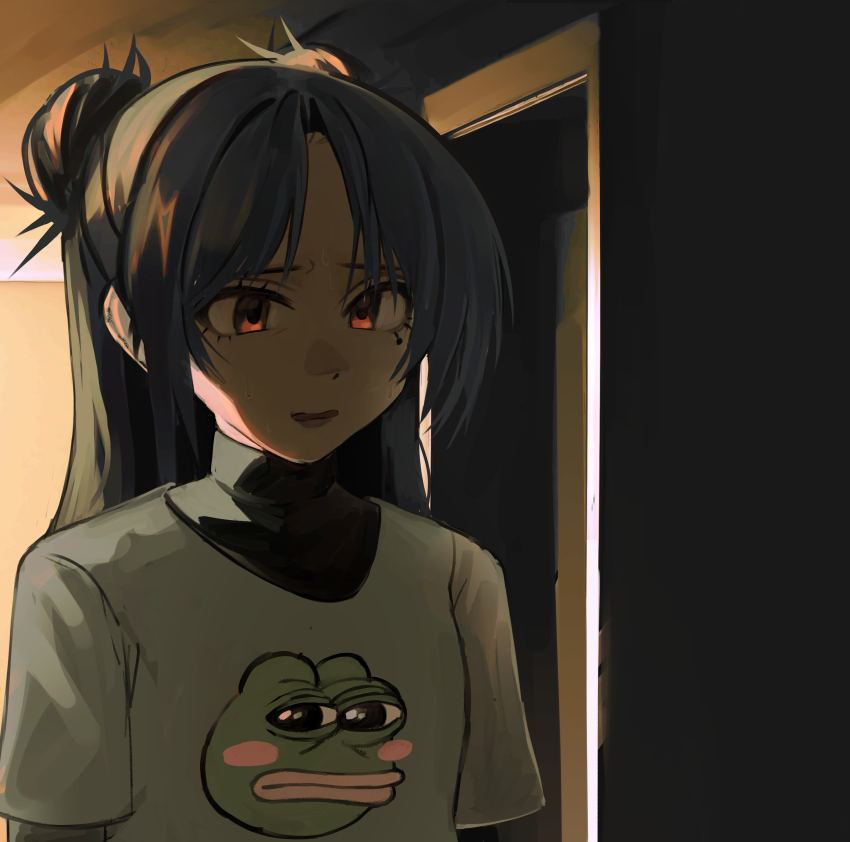 1girl absurdres black_hair brown_eyes commentary double_bun english_commentary hair_bun highres indoors kumaartsu long_hair mole mole_under_eye original pepe_the_frog short_sleeves solo upper_body