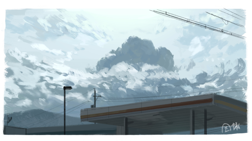 artist_name border furumiya-underson gas_station highres lamppost mountain no_humans original outdoors overcast power_lines scenery sky utility_pole white_border
