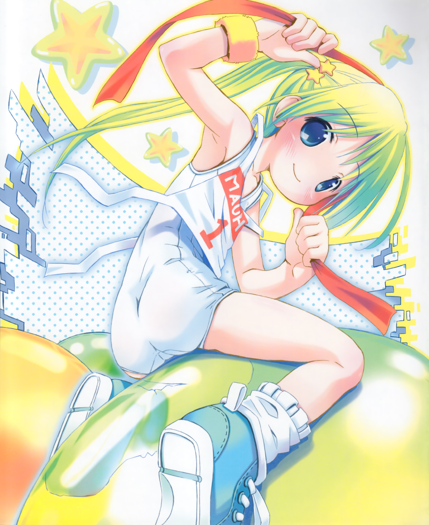 1girl absurdres blue_eyes child green_hair hair_ornament highres looking_at_viewer one-piece_swimsuit pop school_swimsuit swimsuit white_one-piece_swimsuit