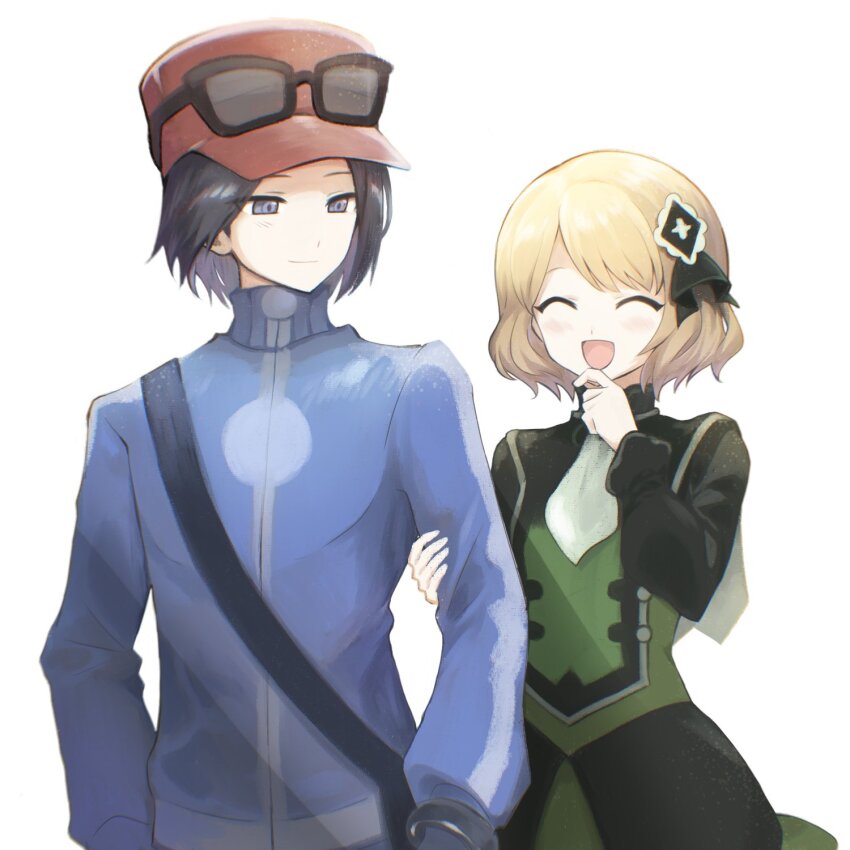 1boy 1girl ascot black_hair blue_jacket calem_(pokemon) dopu_(doremipurin) eyewear_on_headwear grey_eyes hand_on_another&#039;s_arm hat highres jacket light_blush light_smile looking_at_another mega_ring nintendo official_alternate_costume pokemon pokemon_masters_ex pokemon_xy red_hat serena_(pokemon) serena_(sygna_suit)_(pokemon) short_hair smile sunglasses white_ascot