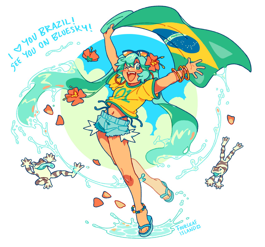 1girl absurdres animal anklet aqua_eyes aqua_hair arms_up bracelet brazil brazilian_flag brazilian_miku brazilian_twitter_ban commentary denim denim_shorts earrings english_commentary english_text eyewear_on_head feet flag flip-flops flower fourleafisland frog full_body hair_flower hair_ornament hatsune_miku highres holding holding_flag hoop_earrings jewelry long_hair looking_at_viewer midriff_peek navel one_eye_closed open_mouth sandals shirt short_shorts short_sleeves shorts simple_background smile solo sunglasses twintails very_long_hair vocaloid water white_background yellow_shirt