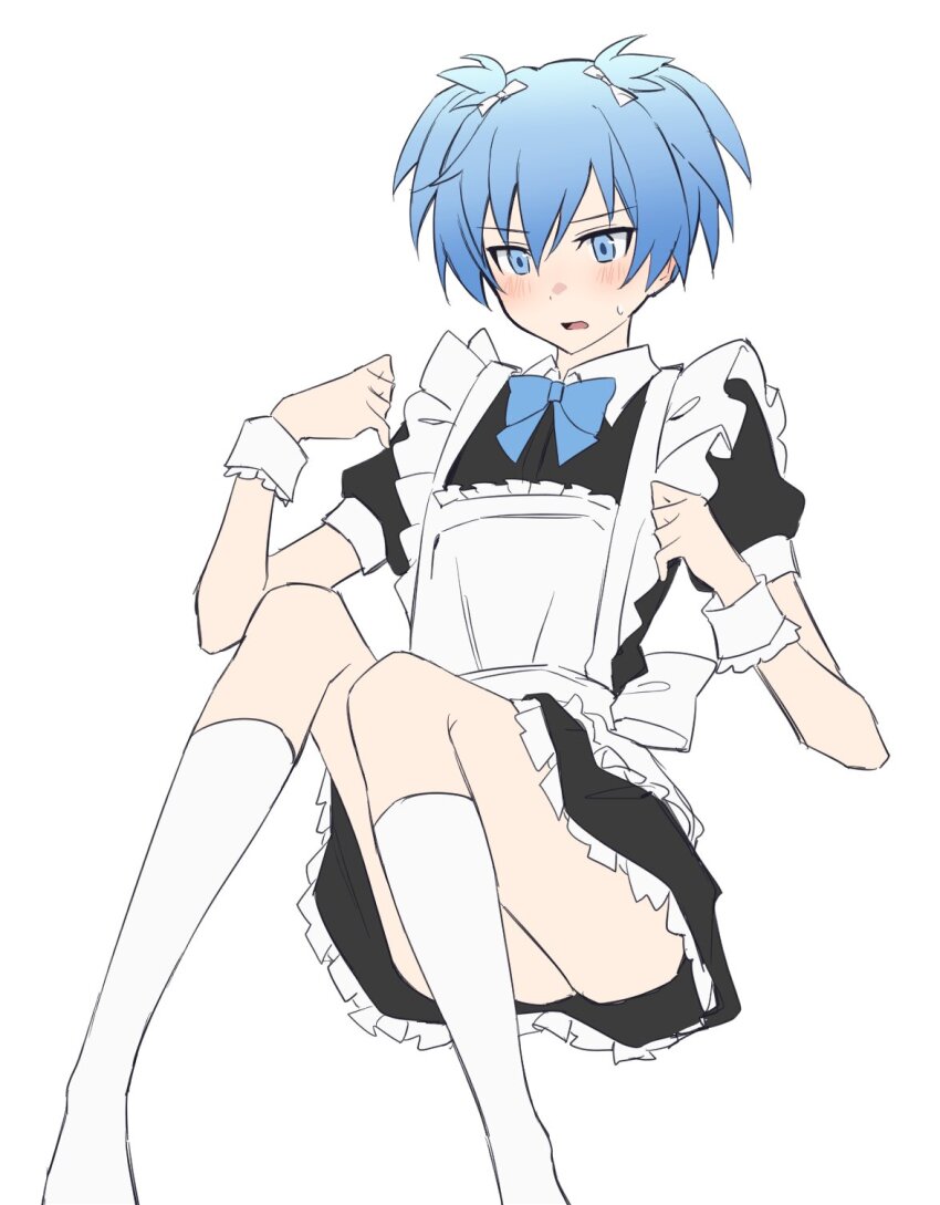1boy alternate_costume ansatsu_kyoushitsu apron back_bow black_dress blue_bow blue_bowtie blue_eyes blue_hair blush bow bowtie collared_dress crossdressing crossdressing_(mtf) dress enmaided feet_out_of_frame frilled_apron frilled_dress frilled_wrist_cuffs frills hair_bow hands_up highres kneehighs knees_up looking_down maid maid_apron male_maid multiple_hair_bows open_mouth puffy_short_sleeves puffy_sleeves shiota_nagisa short_dress short_sleeves short_twintails sitting socks solo sweatdrop trap twintails white_apron white_bow white_socks white_wrist_cuffs wing_collar wrist_cuffs yur11