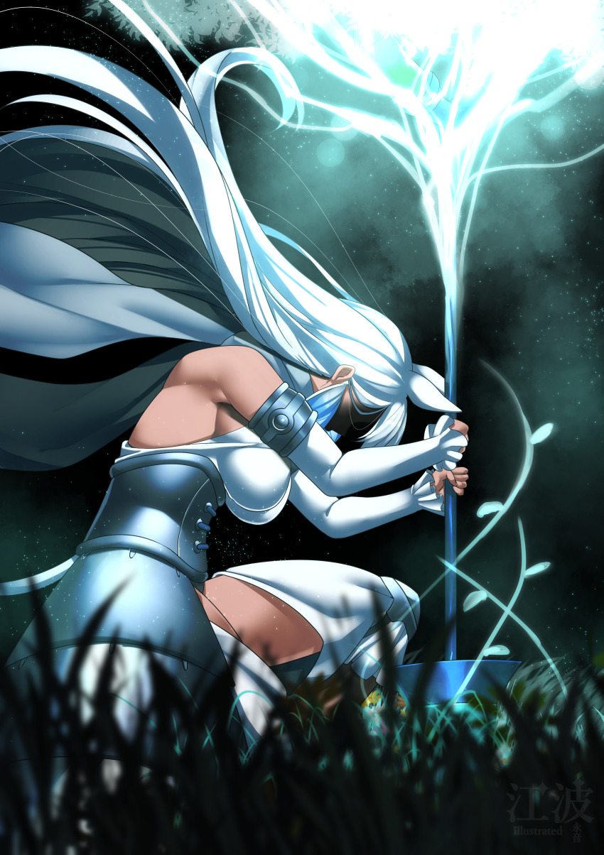 1girl absurdres alternate_hairstyle animal_ears armor armored_boots armored_dress armpits bare_shoulders blue_hair blurry blurry_foreground boots breasts cape commentary_request dark-skinned_female dark_skin detached_sleeves dress extra_ears floating_hair from_side glowing grass hair_down highres holding holding_polearm holding_weapon kawanami_eito kemono_friends large_breasts multicolored_hair night night_sky on_one_knee outdoors paraceratherium_(kemono_friends) polearm rhinoceros_ears rhinoceros_girl rhinoceros_tail shaded_face sky solo star_(sky) starry_sky striped_clothes tail thigh_boots thighhighs vertical-striped_clothes weapon white_hair
