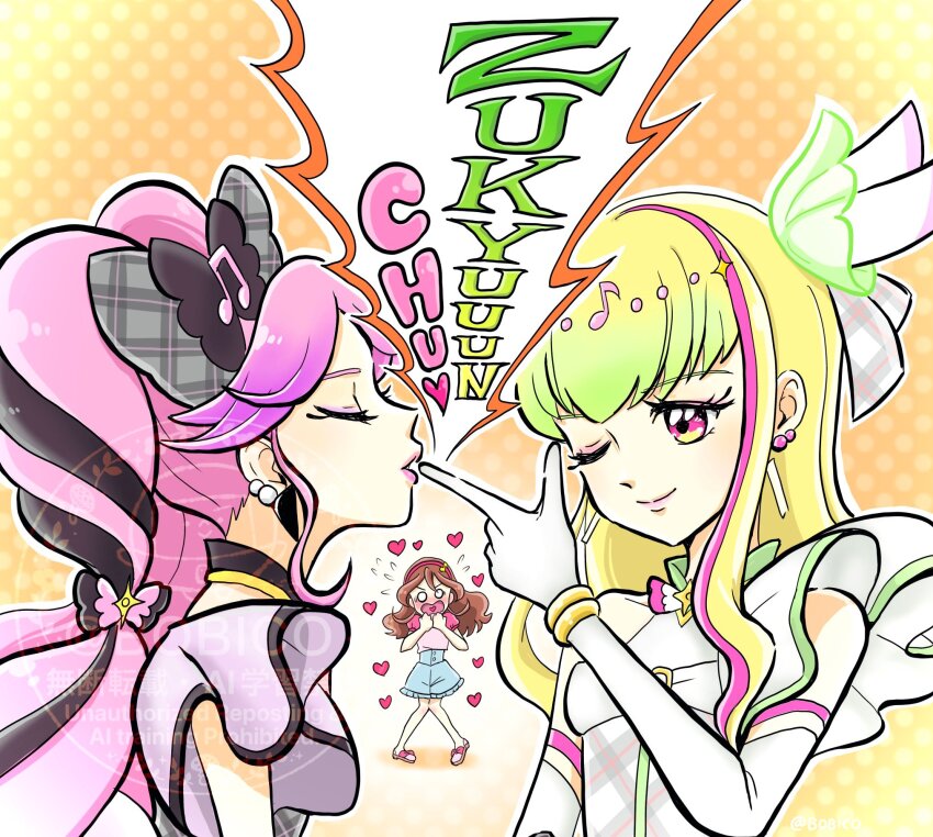 3girls ;) bare_shoulders black_hair blonde_hair blowing_kiss blunt_bangs blush bobico bracelet braid brown_hair choker closed_eyes closed_mouth comic_sans commentary cure_kiss cure_zukyuun denim denim_skirt dress earrings elbow_gloves excited facing_to_the_side finger_gun frilled_dress frilled_sleeves frills full-face_blush gingham_skirt gloves gradient_hair green_eyes hair_extensions hair_ornament hair_ribbon hair_wings hand_on_another&#039;s_mouth headband heart heart-shaped_pupils heart_in_mouth highres jewelry kimi_to_idol_precure lips lipstick long_hair looking_at_another makeup multicolored_hair multiple_earrings multiple_girls musical_note one_eye_closed open_mouth parted_bangs pearl_earrings pink_hair polka_dot polka_dot_background precure ribbon ribbon_choker ribbon_shoes sakura_uta_(precure) short_sleeves sideways skirt smile speech_bubble sweat sweatdrop symbol-shaped_pupils twin_braids twintails very_long_hair watermark white_gloves wing_hair_ornament wrist_cuffs
