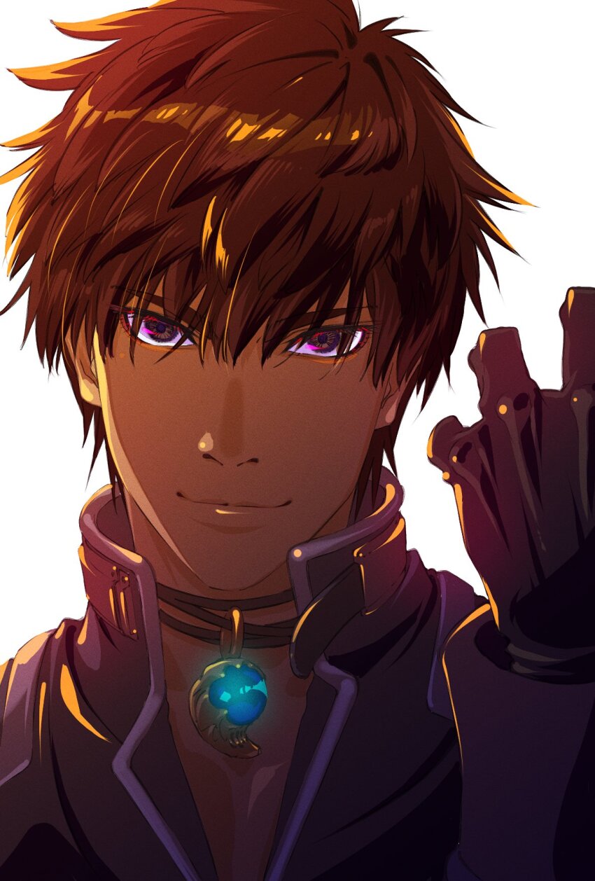 1boy black_gloves brown_eyes brown_hair clenched_hand closed_mouth futaga_tsuiteru gloves highres jewelry lips looking_at_viewer male_focus necklace shadow_hearts shadow_hearts_ii short_hair simple_background smile solo white_background yuri_hyuga