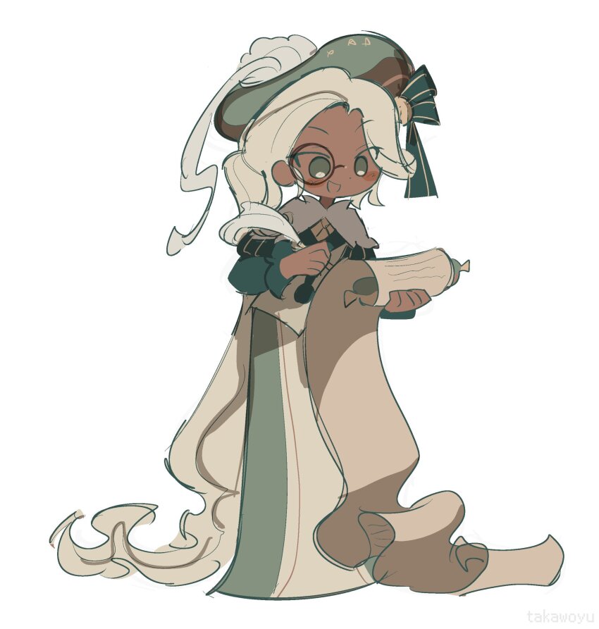 1boy :d absurdly_long_hair alt_text blush bow commentary cookie_run cookie_run:_kingdom corset dark-skinned_male dark_skin dot_nose eclair_cookie english_commentary food-themed_hat full_body green_bow green_eyes green_shirt green_skirt hat hat_bow highres holding holding_quill holding_scroll humanization juliet_sleeves long_hair long_skirt long_sleeves looking_at_object monocle no_pupils open_mouth ponytail puffy_sleeves quill scroll shirt simple_background skirt smile solo standing takawoyu trap v-shaped_eyebrows very_long_hair white_background yellow_corset