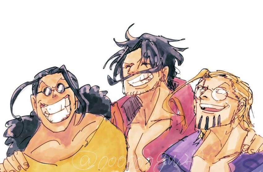 3boys beard_stubble black_hair brown_hair collared_shirt facial_hair glasses gol_d._roger hashtag-only_commentary multiple_boys mustache one_piece oooooogu24 pink_shirt ponytail round_eyewear scopper_gaban shirt sidelocks silvers_rayleigh simple_background smile stubble sunglasses twitter_username upper_body v-shaped_eyebrows white_background yellow_shirt