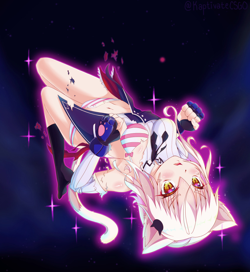 1girl animal_ears black_socks bra breasts cat_ears cat_girl cat_hair_ornament cat_tail commentary commentary_request english_commentary hair_ornament high_school_dxd highres kaptivate kuoh_academy_school_uniform medium_breasts mixed-language_commentary navel no_shoes open_mouth panties school_uniform short_hair_with_long_locks slit_pupils socks solo striped_bra striped_clothes striped_panties tail torn_clothes toujou_koneko underwear white_hair yellow_eyes