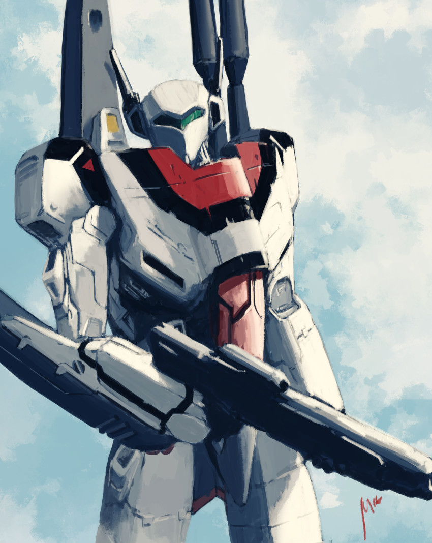 absurdres airborne cloud energy_cannon gunpod highres macross macross:_do_you_remember_love? macross:_the_first mecha original realistic redesign robot science_fiction shoulder_cannon signature solo themimig u.n._spacy upper_body variable_fighter vf-1 vf-1_strike vf-1s