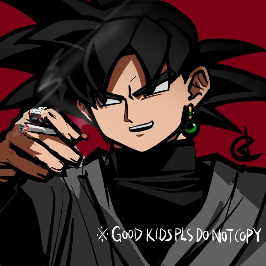 1boy black_bodysuit black_eyes black_hair bodysuit cigarette dougi dragon_ball dragon_ball_super earrings english_text goku_black holding holding_cigarette jewelry ldrcrest long_sleeves looking_to_the_side open_mouth potara_earrings ring saiyan smile smoking solo spiked_hair